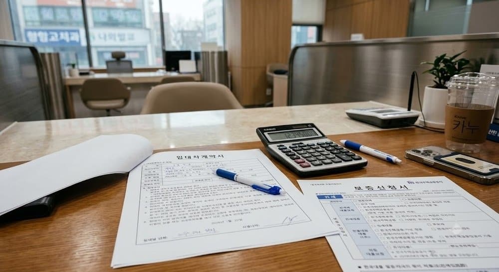 은행 창구의 전세보증금반환보증 신청 서류와 계산기