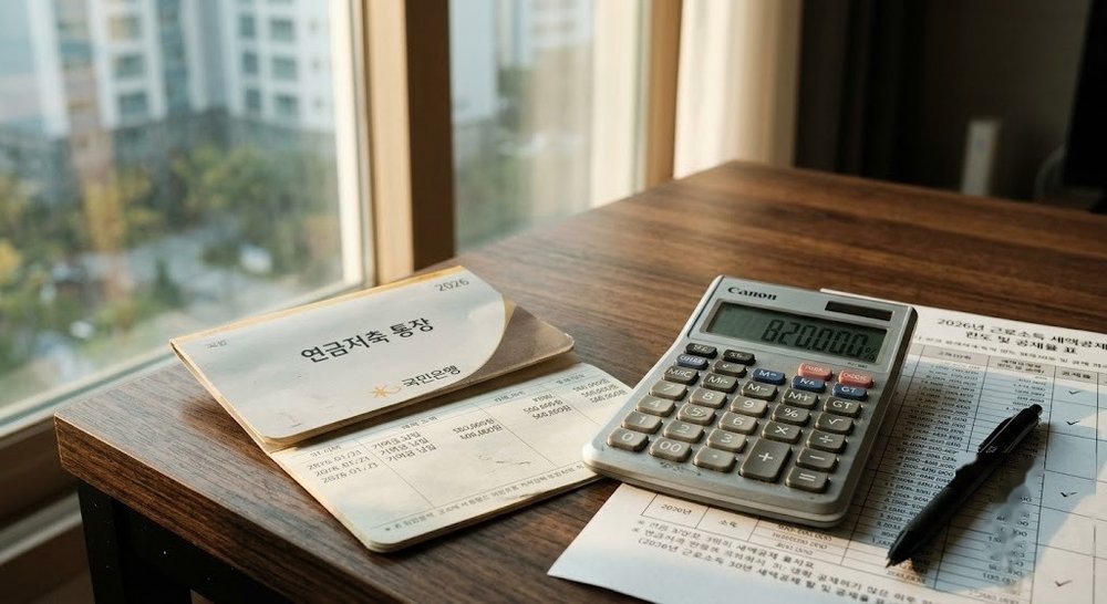 연금저축 통장과 계산기, 세액공제표가 놓인 책상 사진