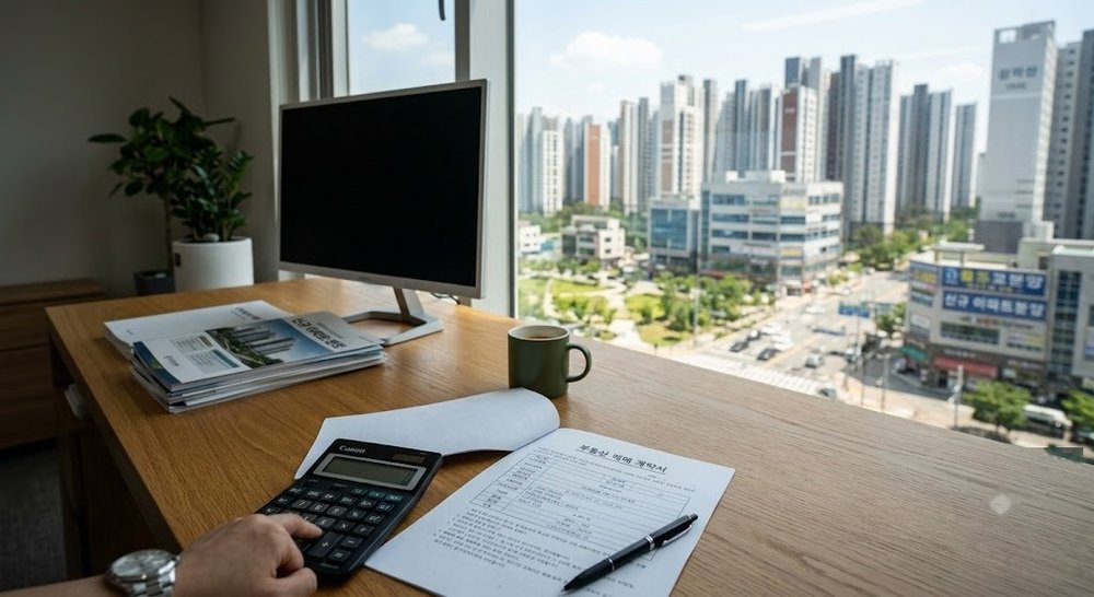 도심 풍경을 배경으로 양도소득세 관련 서류와 계산기가 놓인 책상 모습