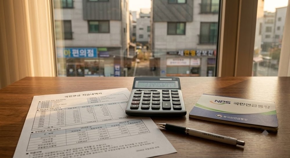연금 통장과 계산기가 놓인 책상 사진