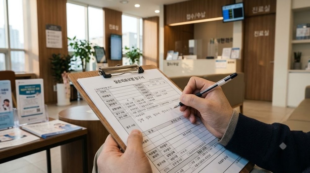 5세대 실손보험 가입 서류를 작성하는 손