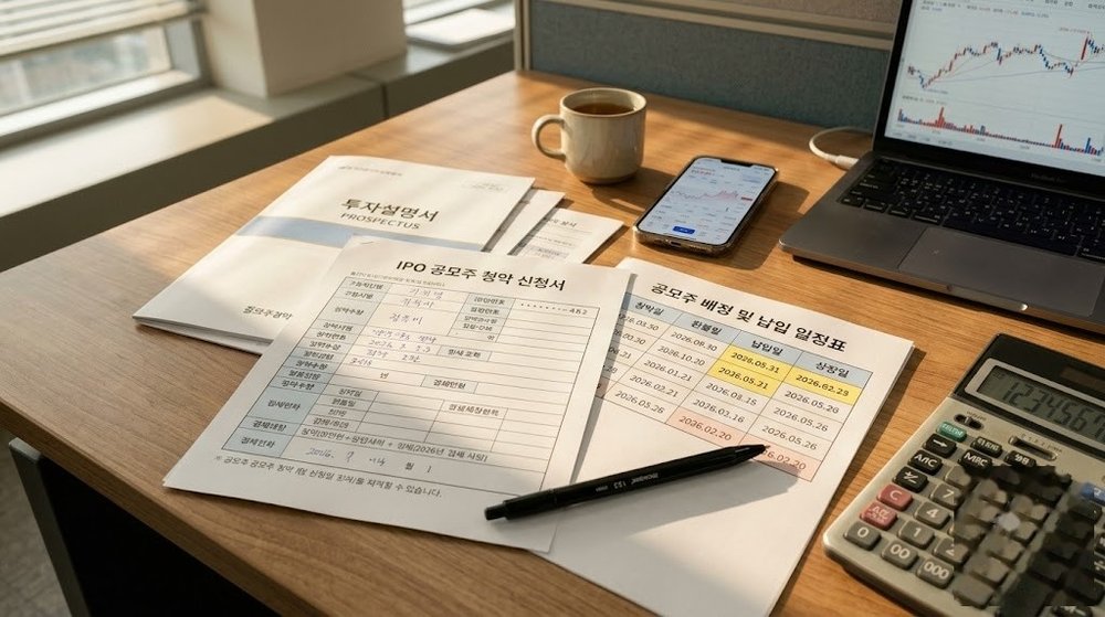 IPO 청약 신청서와 계산기, 청약일정표가 놓인 책상 사진